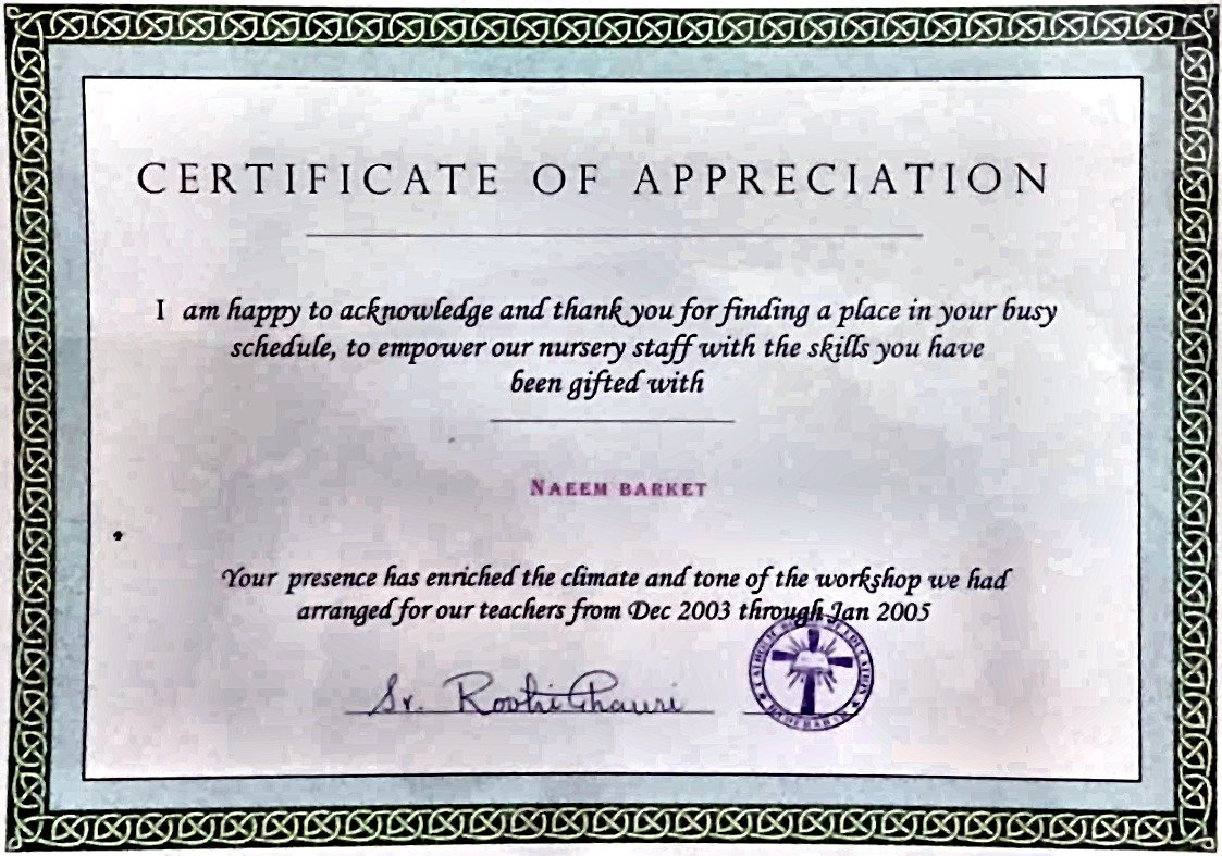 Certificate of Appreciation for Nursery Staff Training