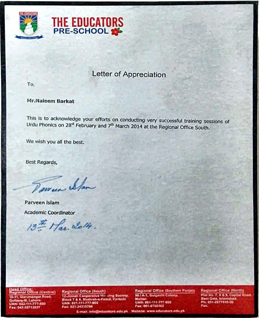 The Educators Pre-School Letter of Appreciation for Urdu Phonics Training