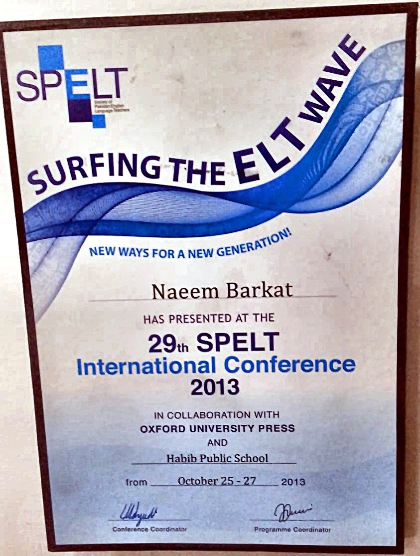 SPELT 29th International Conference 2013 Presentation Certificate
